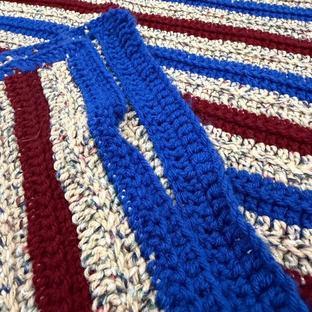 Hand Crocheted Vintage Afghan‎ Blanket Blue Red  Americana Cottagecore